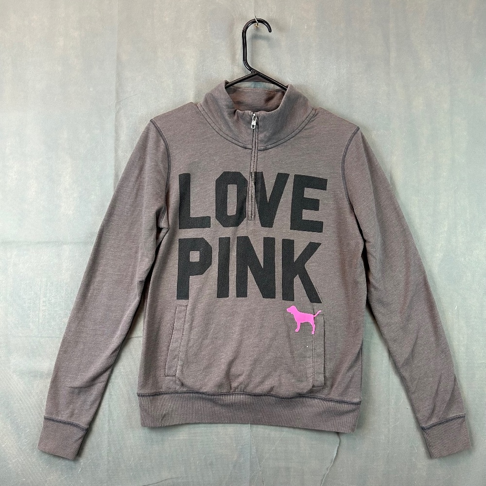 PINK Victoria's Secret Quarter Zip Sweatshirt Mauve BLK Logo Pink Dog Size Small